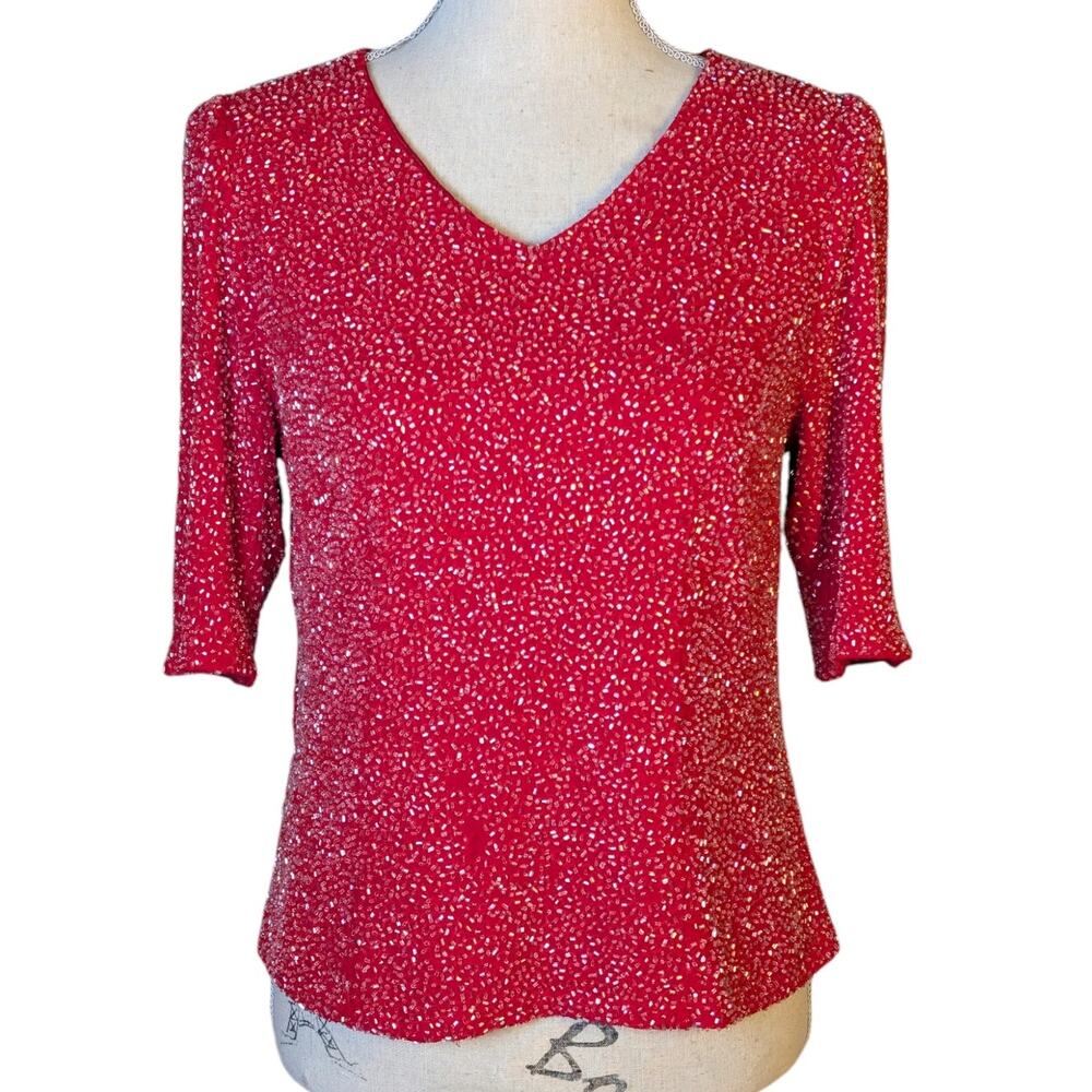 Vintage 1980s Red Beaded Silk Top Sequin Party Blouse V Neck Evening